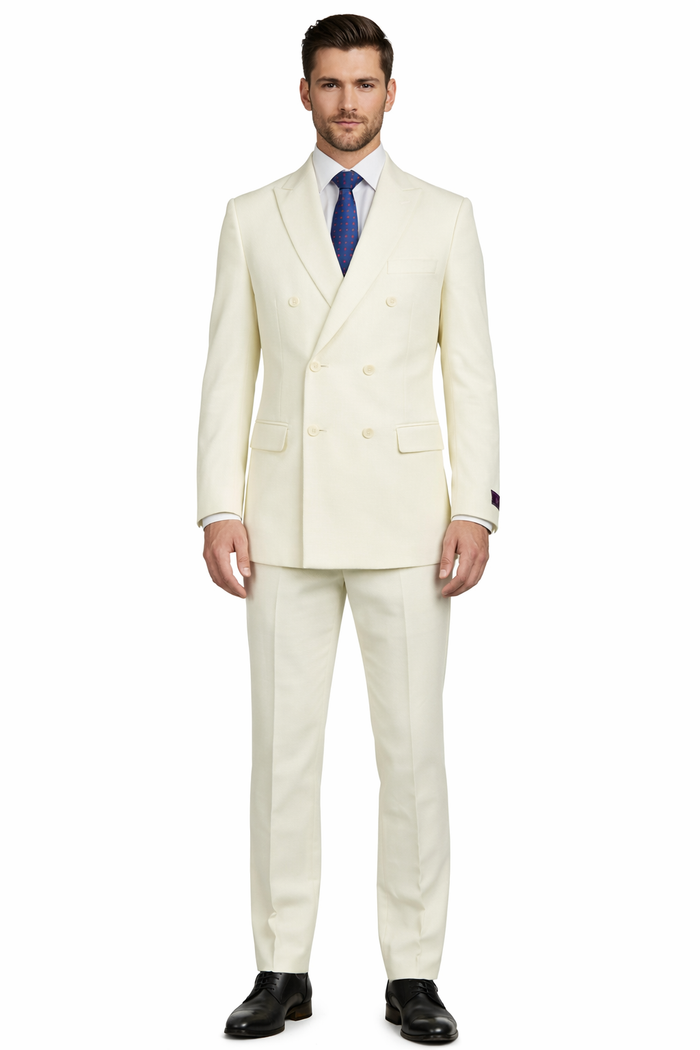 Mens Classic Poplin Double Breasted Suit in Ivory