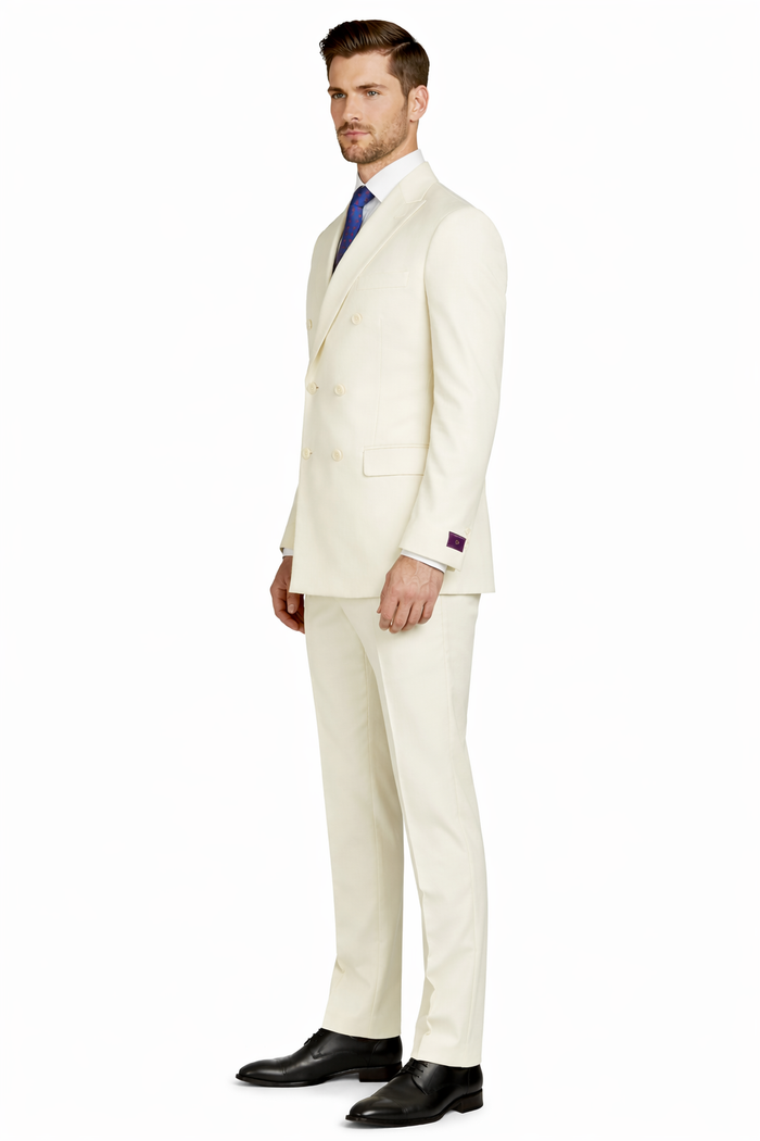 Mens Classic Poplin Double Breasted Suit in Ivory