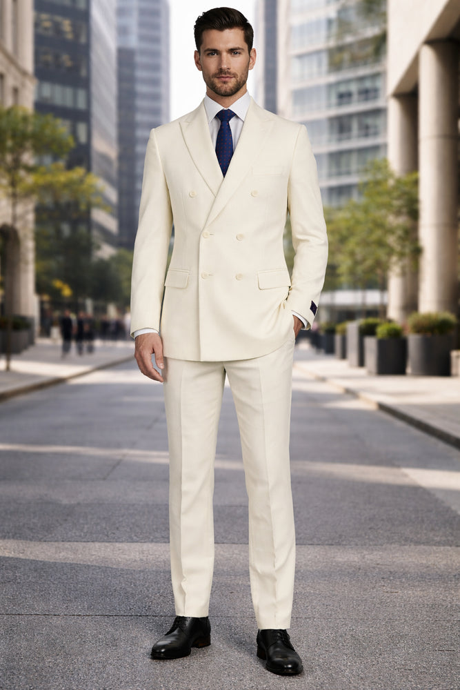 Mens Classic Poplin Double Breasted Suit in Ivory