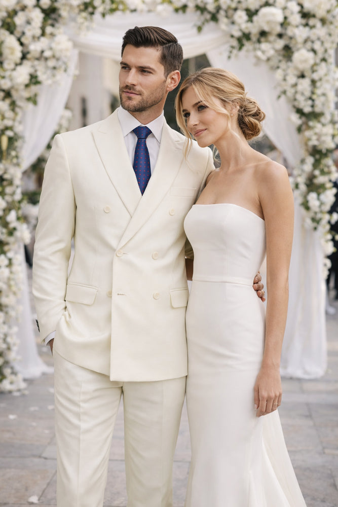 Mens Classic Poplin Double Breasted Suit in Ivory