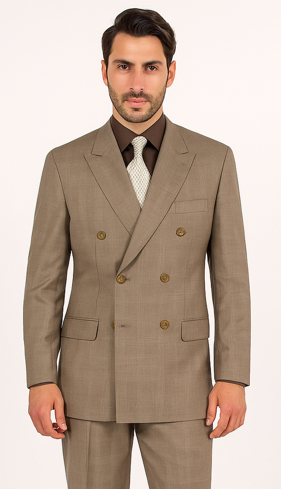 Mens Classic Wool Feel Double Breasted Glen Plaid Suit in Tan