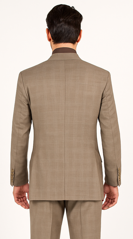 Mens Classic Wool Feel Double Breasted Glen Plaid Suit in Tan