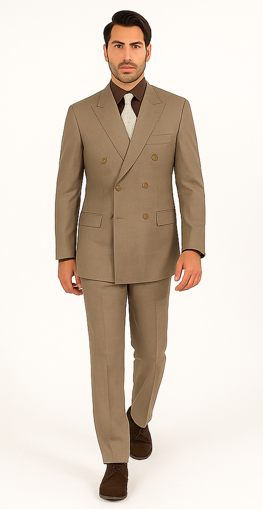Mens Classic Wool Feel Double Breasted Glen Plaid Suit in Tan