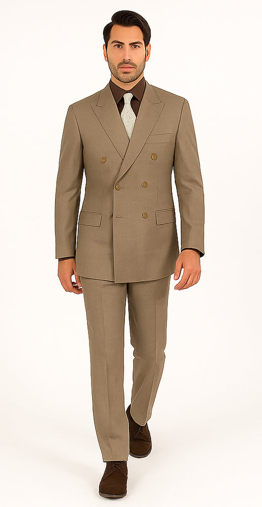 Mens Classic Wool Feel Double Breasted Glen Plaid Suit in Tan