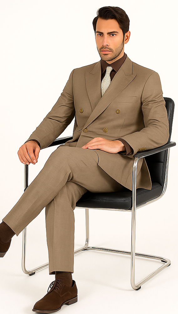 Mens Classic Wool Feel Double Breasted Glen Plaid Suit in Tan