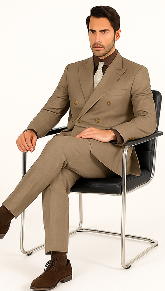 Mens Classic Wool Feel Double Breasted Glen Plaid Suit in Tan