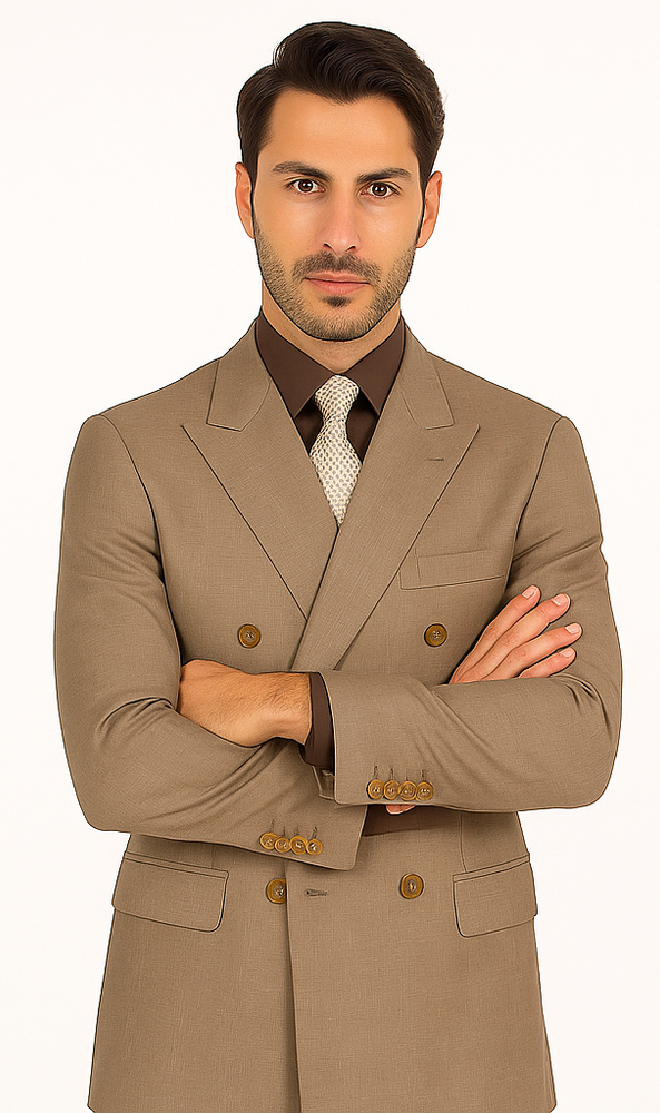 Mens Classic Wool Feel Double Breasted Glen Plaid Suit in Tan