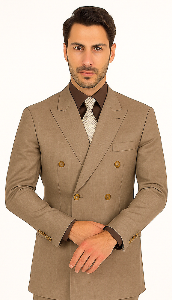 Mens Classic Wool Feel Double Breasted Glen Plaid Suit in Tan