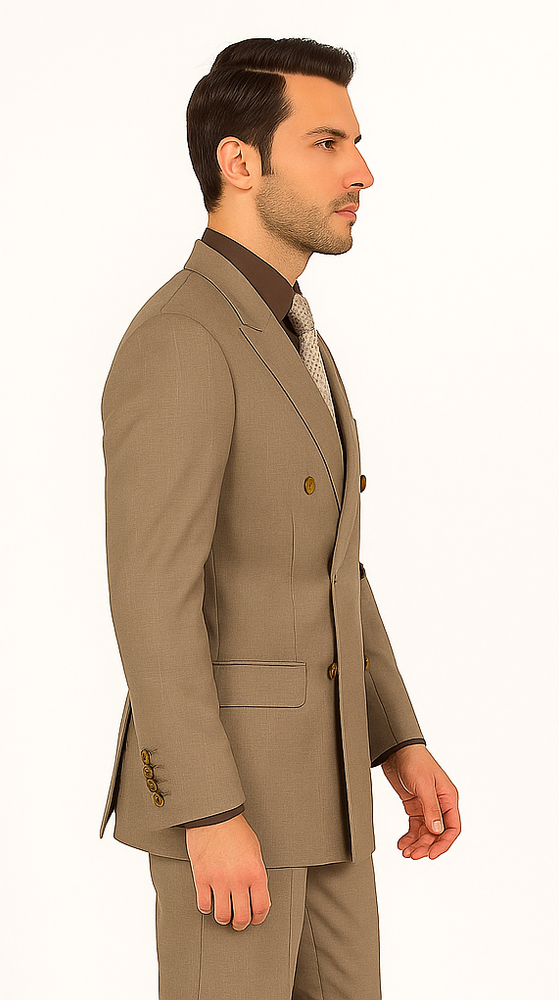 Mens Classic Wool Feel Double Breasted Glen Plaid Suit in Tan
