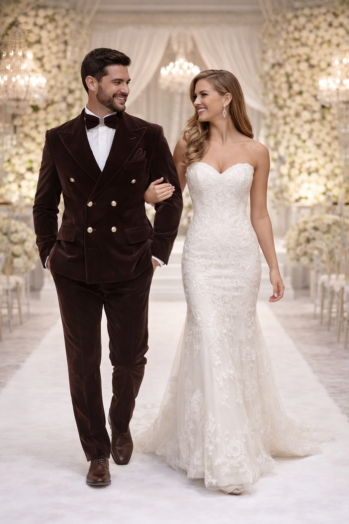Cocoa Regent Velvet Double-Breasted Tuxedo Suit by Rossiman