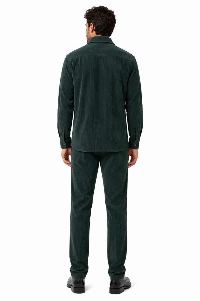 Mens Corduroy  Shirt and Pants Walking Suit in Winter Cotton Fabric Casual in Color Green leisure Style