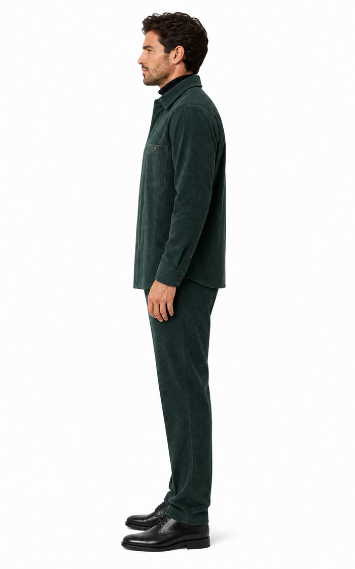 Mens Corduroy  Shirt and Pants Walking Suit in Winter Cotton Fabric Casual in Color Green leisure Style