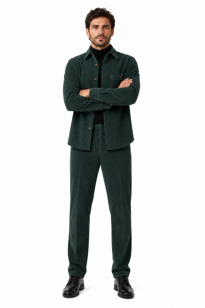 Mens Corduroy  Shirt and Pants Walking Suit in Winter Cotton Fabric Casual in Color Green leisure Style