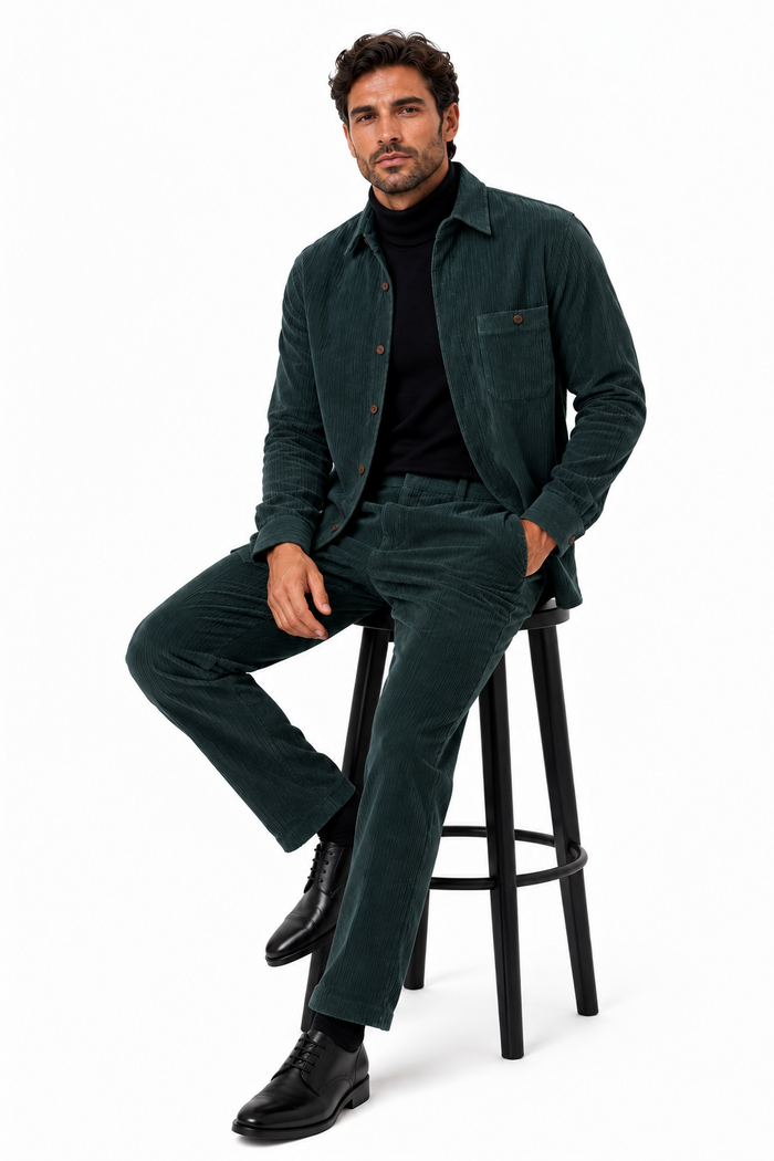 Mens Corduroy  Shirt and Pants Walking Suit in Winter Cotton Fabric Casual in Color Green leisure Style