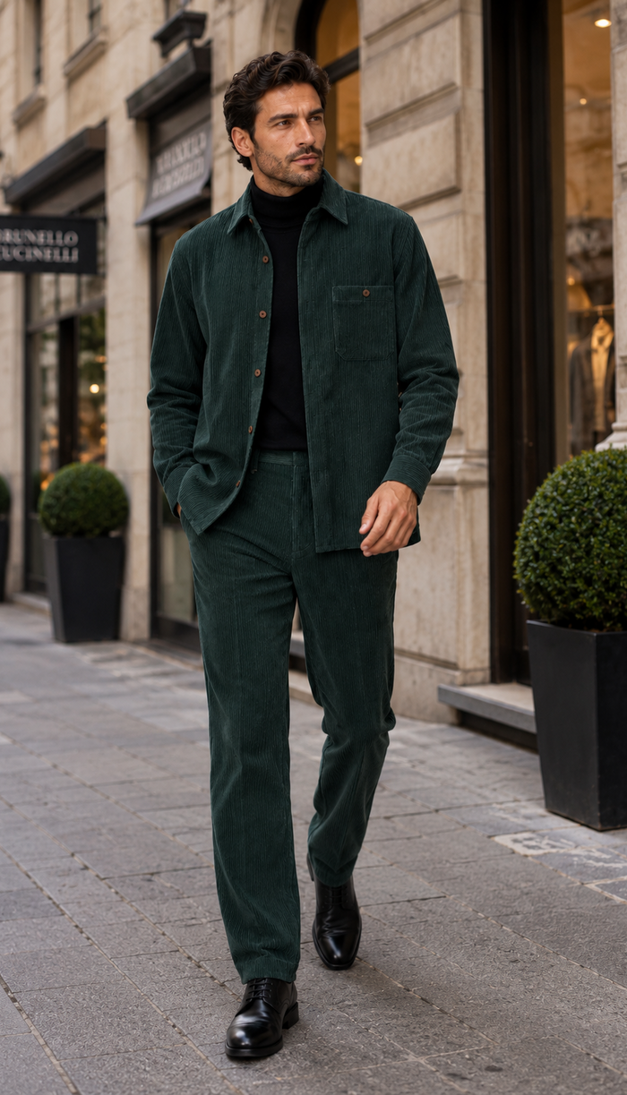 Mens Corduroy  Shirt and Pants Walking Suit in Winter Cotton Fabric Casual in Color Green leisure Style