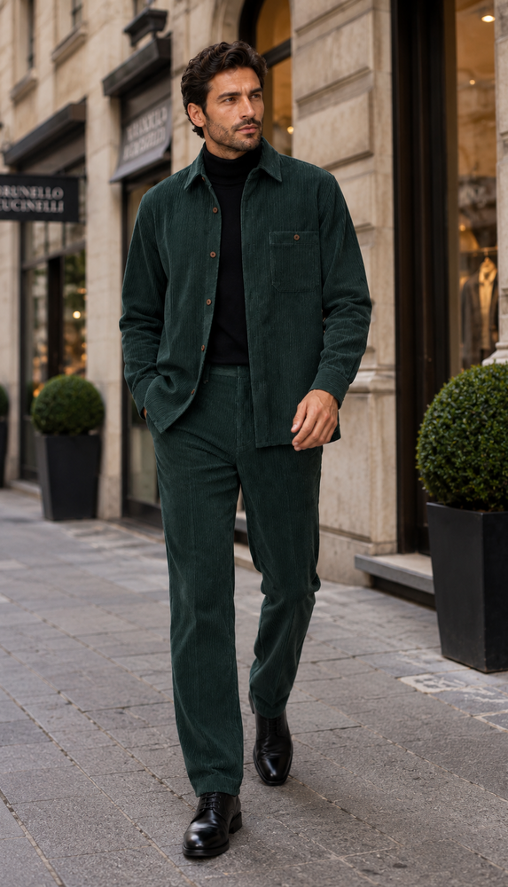 Mens Corduroy  Shirt and Pants Walking Suit in Winter Cotton Fabric Casual in Color Green leisure Style