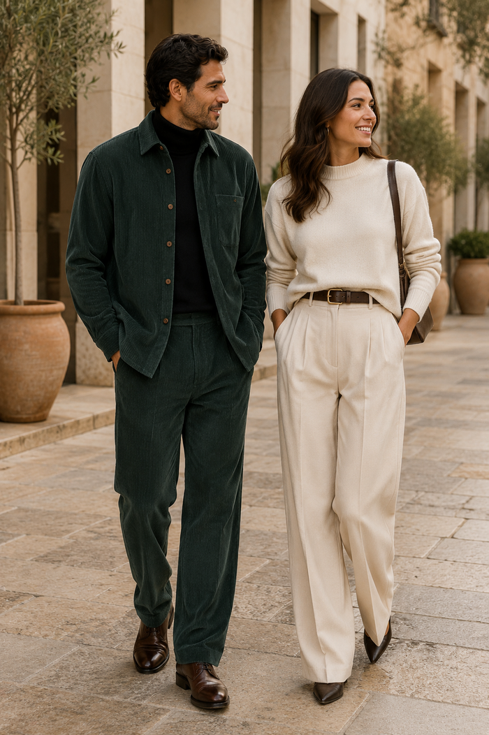 Mens Corduroy  Shirt and Pants Walking Suit in Winter Cotton Fabric Casual in Color Green leisure Style