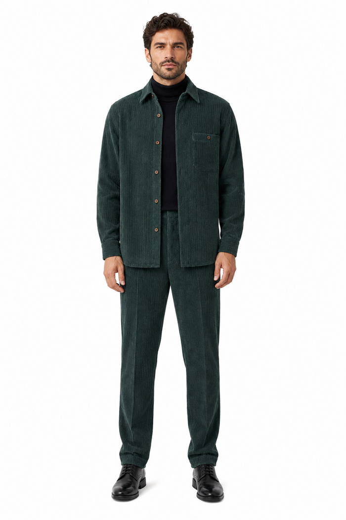 Mens Corduroy  Shirt and Pants Walking Suit in Winter Cotton Fabric Casual in Color Green leisure Style
