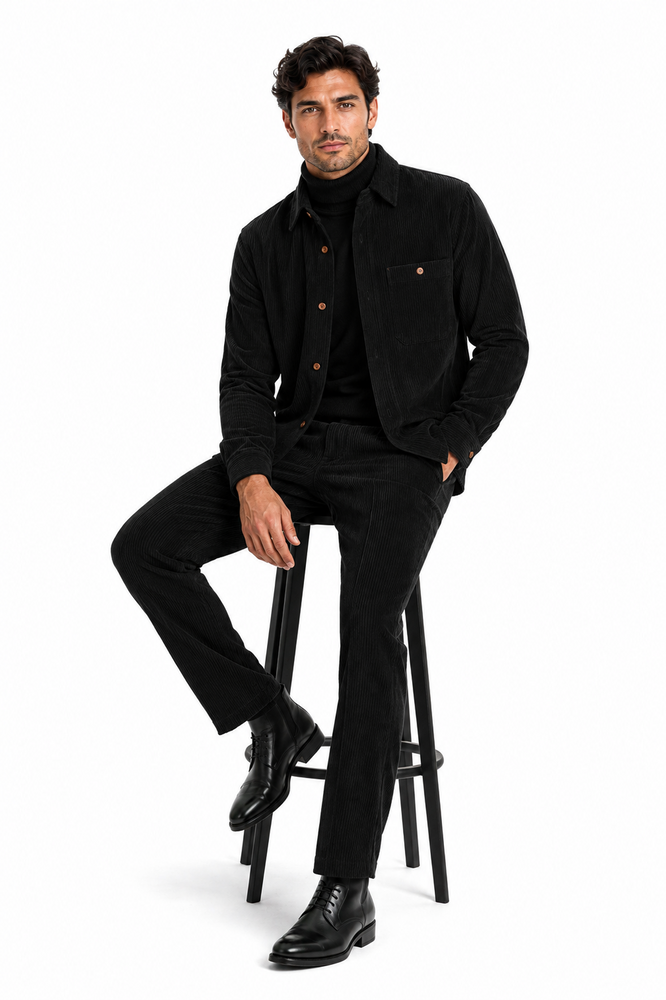 Mens Corduroy Shirt and Pants Walking Suit in Winter Cotton Fabric Casual in Color Black leisure Style