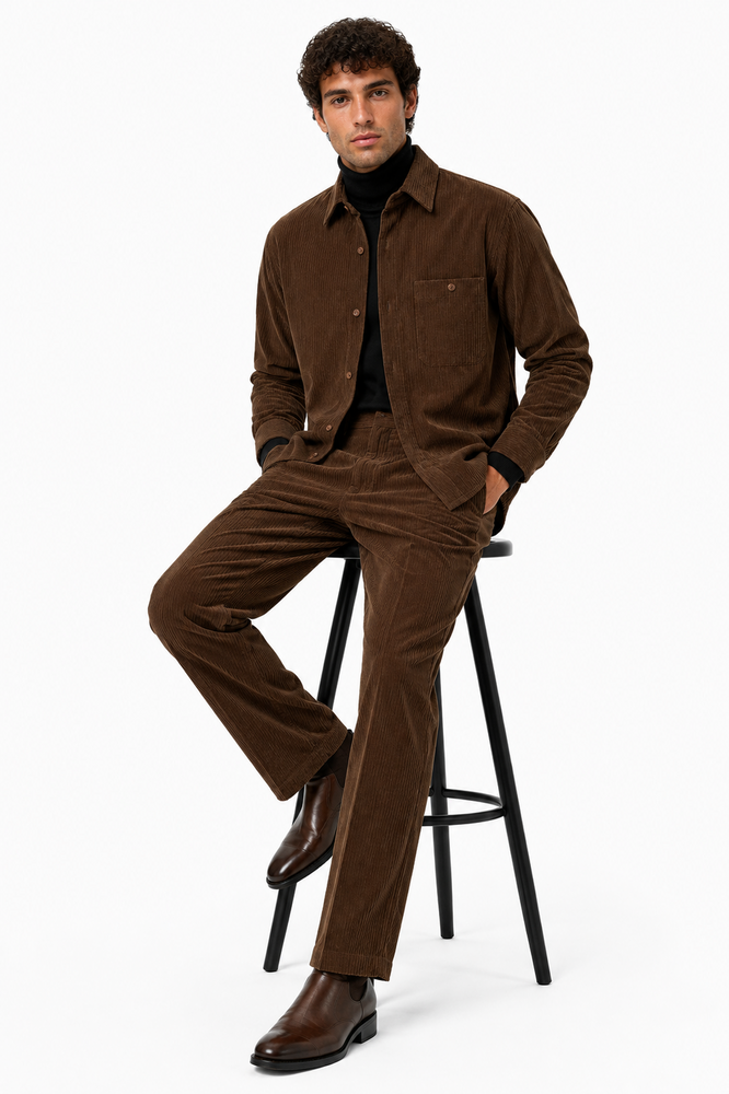 Men's Corduroy Shirt and Pants Walking Suit in Winter Cotton Fabric Casual in Color Brown leisure Style