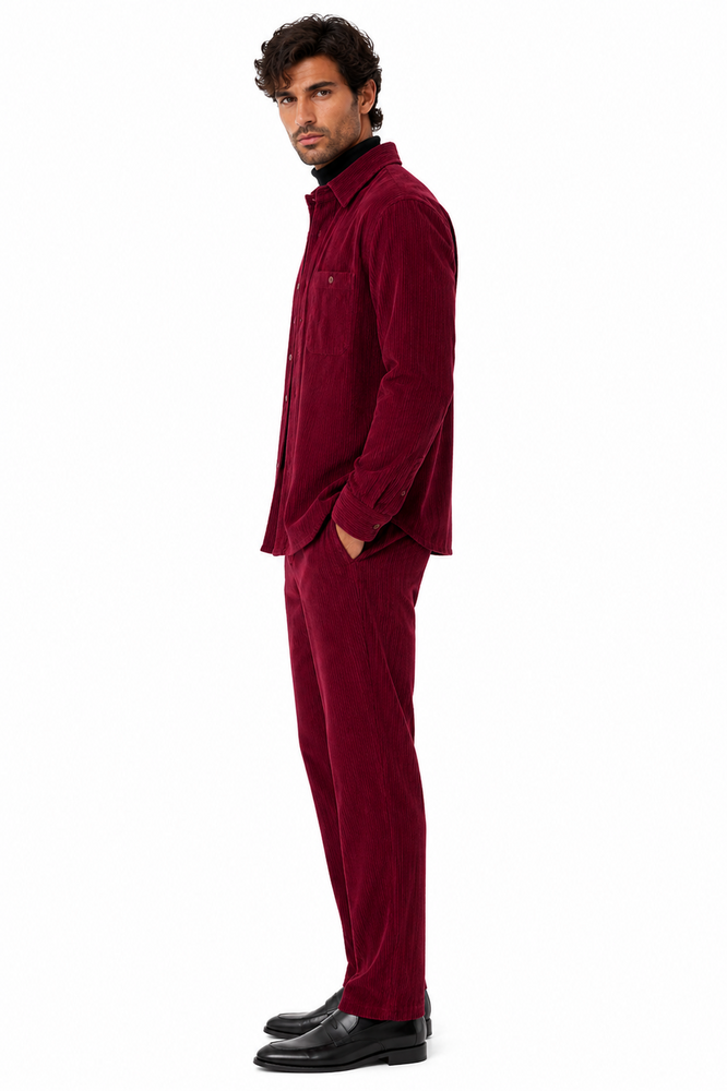 Mens Corduroy  Shirt and Pants Walking Suit in Winter Cotton Fabric Casual in Color Burgundy leisure Style