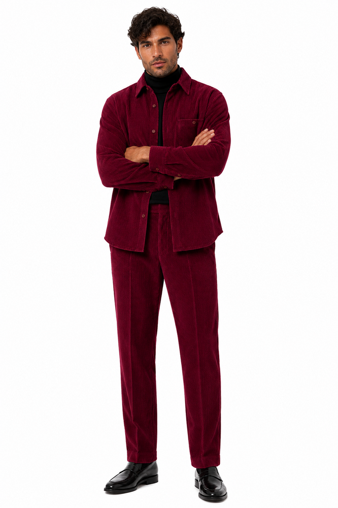Mens Corduroy  Shirt and Pants Walking Suit in Winter Cotton Fabric Casual in Color Burgundy leisure Style