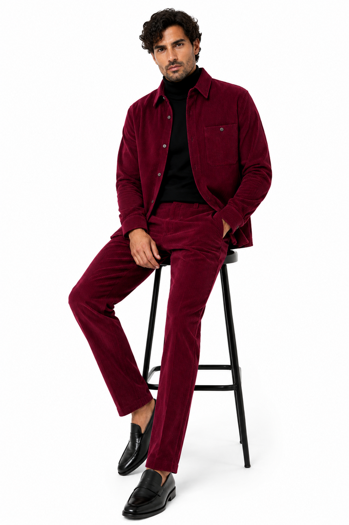 Mens Corduroy  Shirt and Pants Walking Suit in Winter Cotton Fabric Casual in Color Burgundy leisure Style