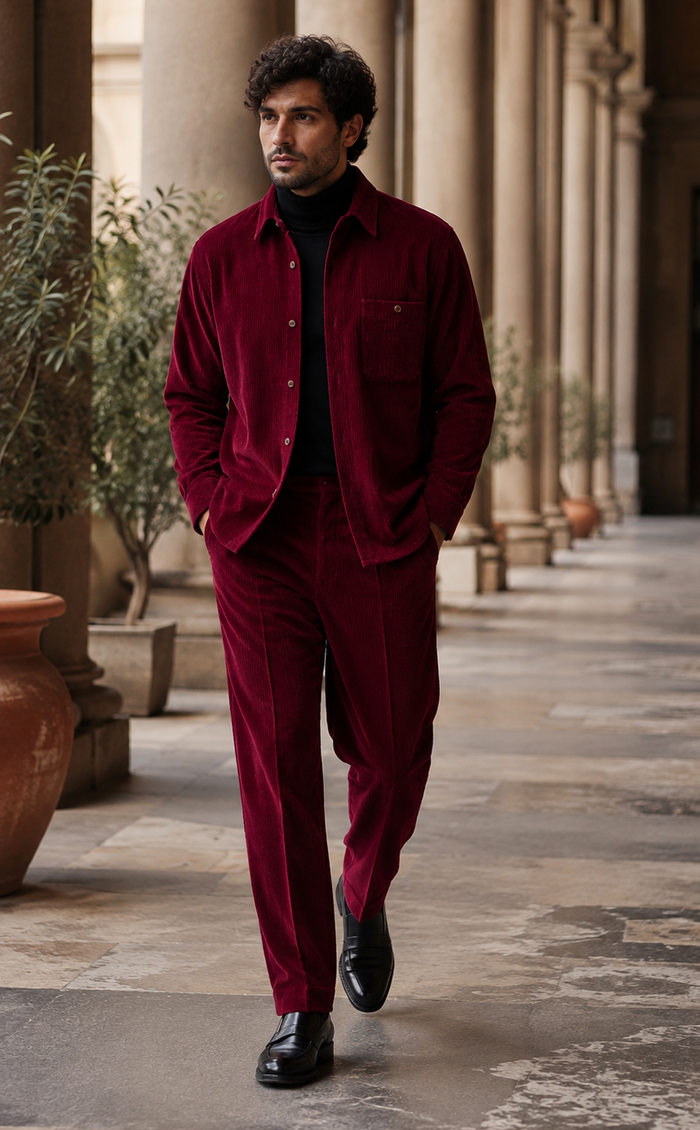Mens Corduroy  Shirt and Pants Walking Suit in Winter Cotton Fabric Casual in Color Burgundy leisure Style