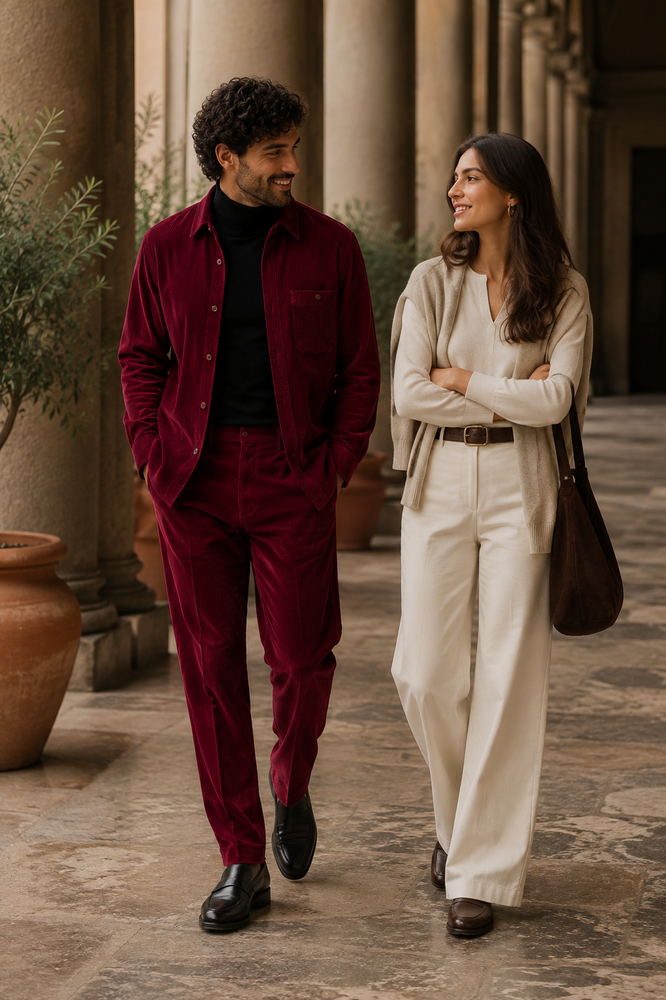 Mens Corduroy  Shirt and Pants Walking Suit in Winter Cotton Fabric Casual in Color Burgundy leisure Style