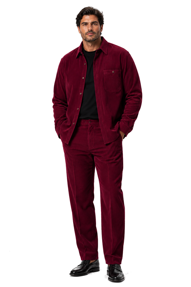 Mens Corduroy  Shirt and Pants Walking Suit in Winter Cotton Fabric Casual in Color Burgundy leisure Style