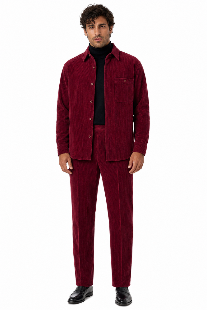 Mens Corduroy  Shirt and Pants Walking Suit in Winter Cotton Fabric Casual in Color Burgundy leisure Style
