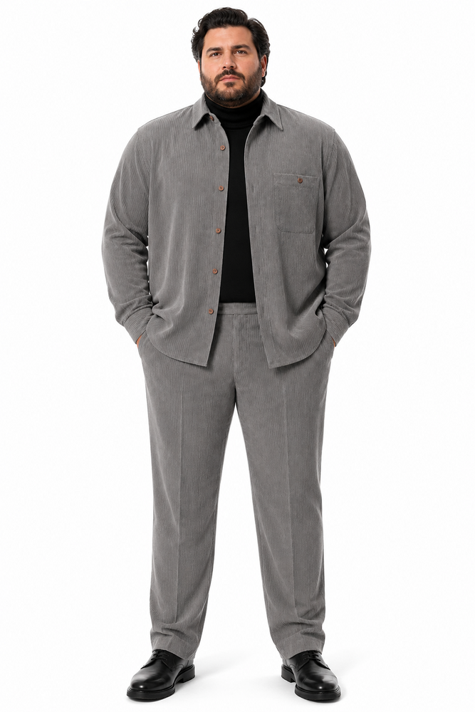 Mens Corduroy Shirt and Pants Walking Suit in Winter Cotton Fabric Casual in Color Grey leisure Style