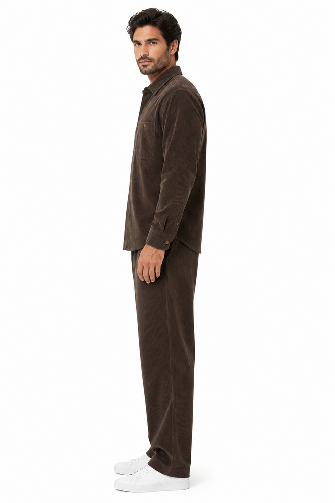 Men's Corduroy Shirt and Pants Walking Suit in Winter Cotton Fabric Causal in Color Mocha Choclate brown leisure Style