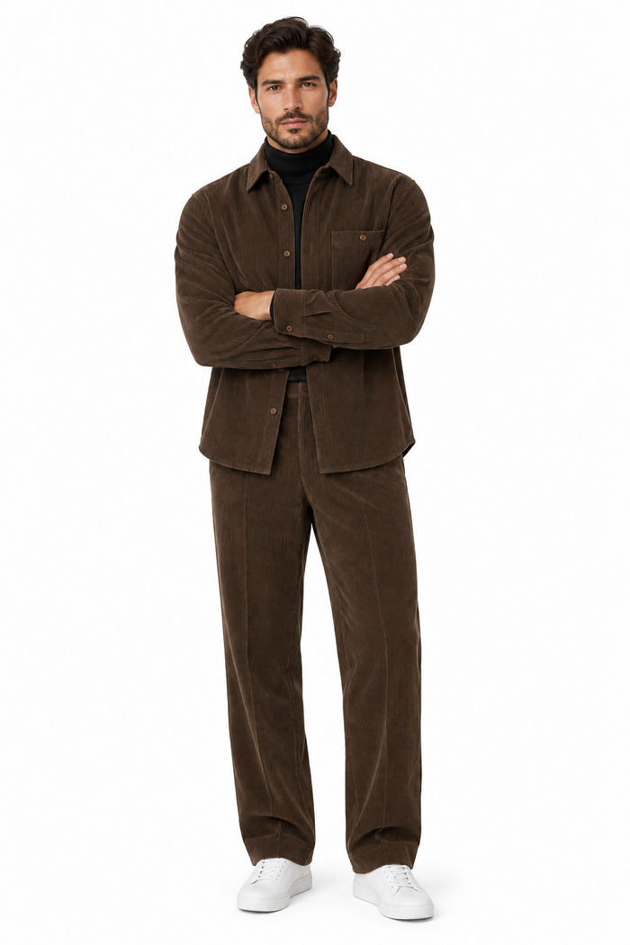 Men's Corduroy Shirt and Pants Walking Suit in Winter Cotton Fabric Causal in Color Mocha Choclate brown leisure Style