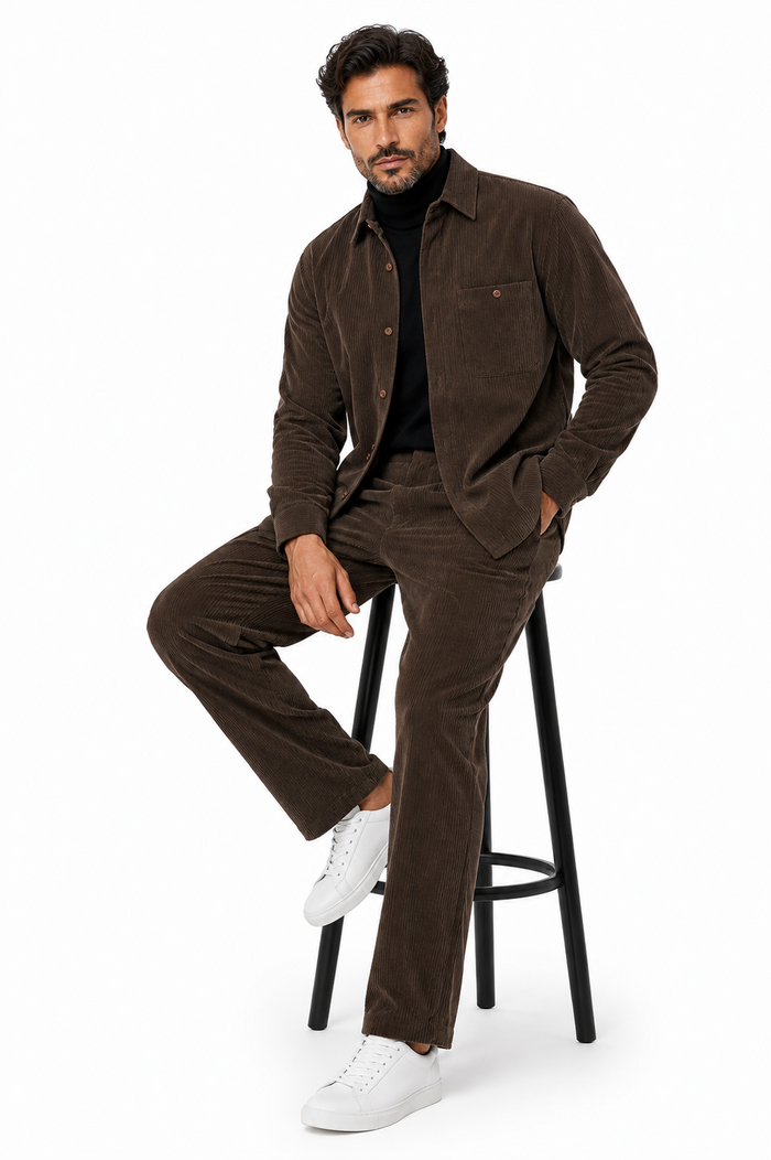 Men's Corduroy Shirt and Pants Walking Suit in Winter Cotton Fabric Causal in Color Mocha Choclate brown leisure Style
