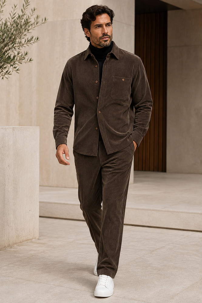 Men's Corduroy Shirt and Pants Walking Suit in Winter Cotton Fabric Causal in Color Mocha Choclate brown leisure Style