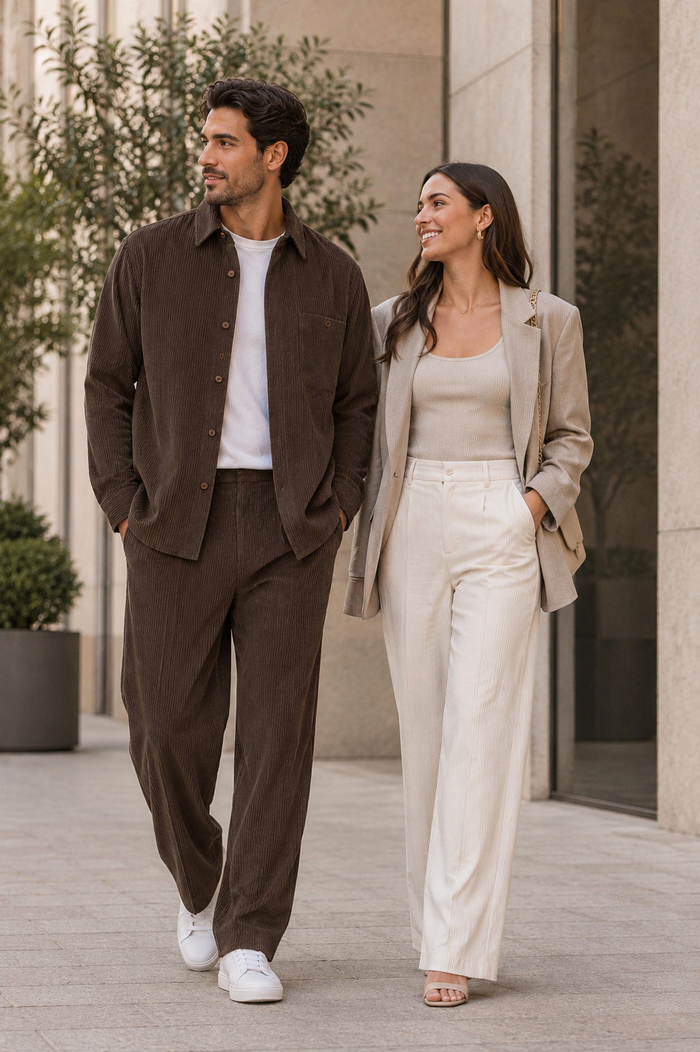 Men's Corduroy Shirt and Pants Walking Suit in Winter Cotton Fabric Causal in Color Mocha Choclate brown leisure Style