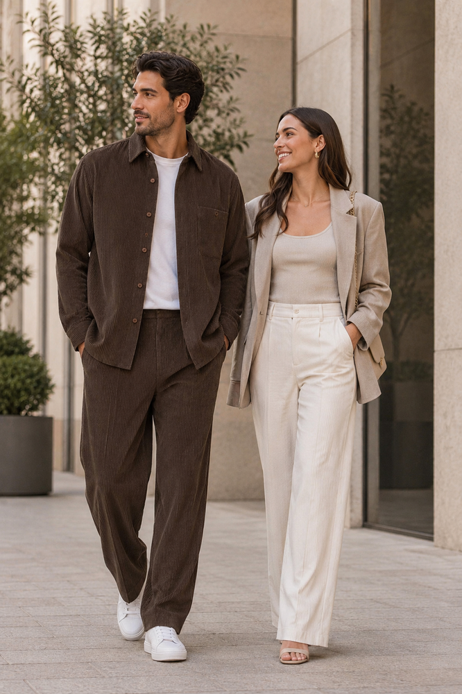 Men's Corduroy Shirt and Pants Walking Suit in Winter Cotton Fabric Causal in Color Mocha Choclate brown leisure Style