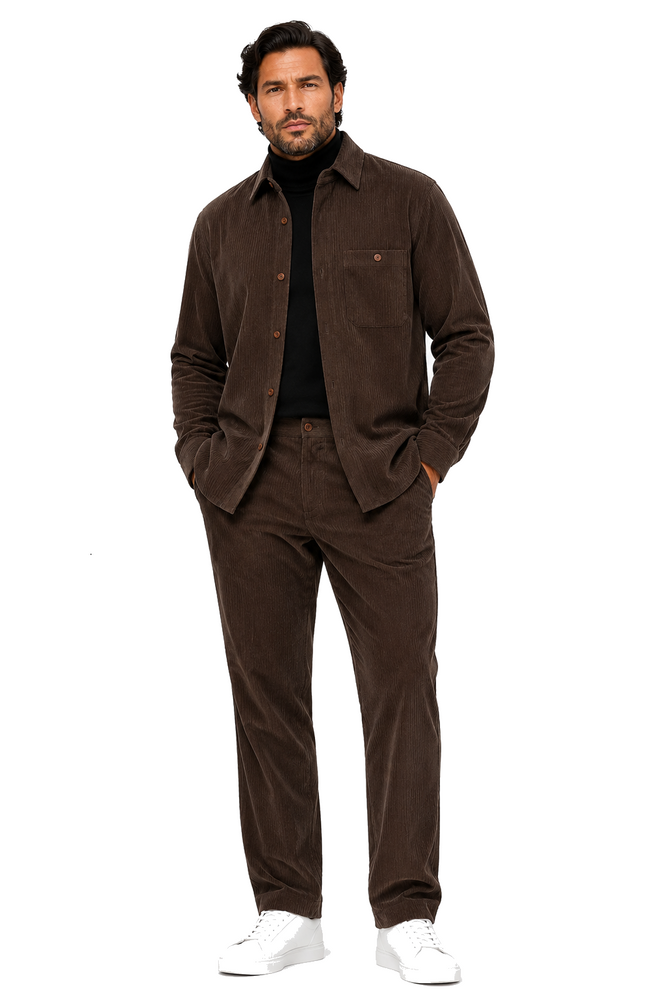 Men's Corduroy Shirt and Pants Walking Suit in Winter Cotton Fabric Causal in Color Mocha Choclate brown leisure Style