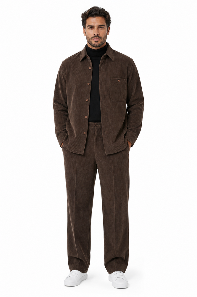 Men's Corduroy Shirt and Pants Walking Suit in Winter Cotton Fabric Causal in Color Mocha Choclate brown leisure Style
