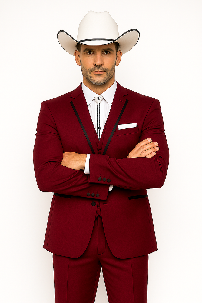 SKU#JA60892 Country Tuxedos Mens Traje Vaquero - Burgundy Tuxedo