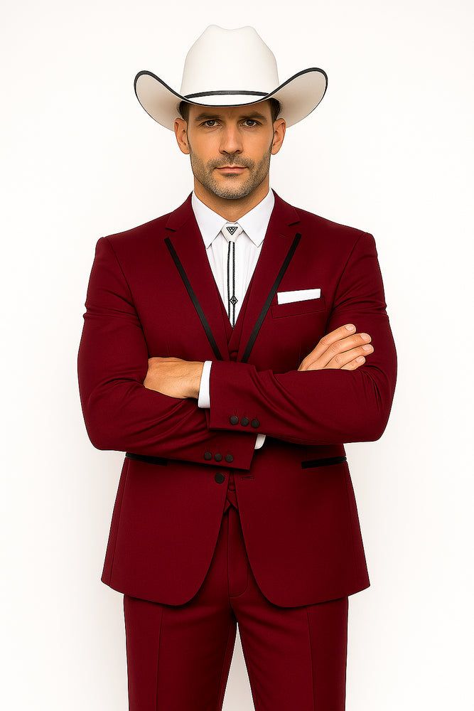 SKU#JA60892 Country Tuxedos Mens Traje Vaquero - Burgundy Tuxedo