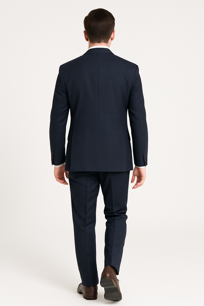 Men's Dark Navy Blue Suit For Men Glen Plaid 2 Button Wool Classic Fit Suit Flat Front Pants