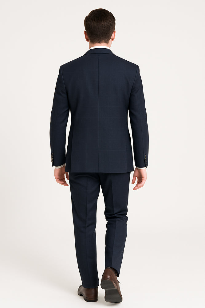 Men's Dark Navy Blue Suit For Men Glen Plaid 2 Button Wool Classic Fit Suit Flat Front Pants