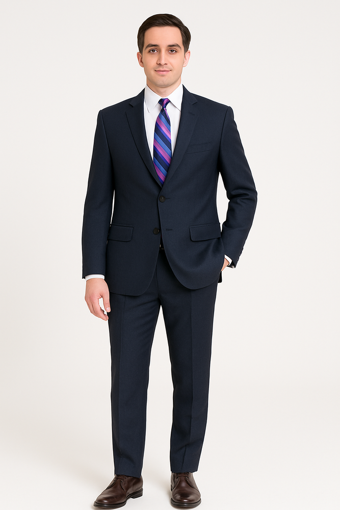 Men's Dark Navy Blue Suit For Men Glen Plaid 2 Button Wool Classic Fit Suit Flat Front Pants