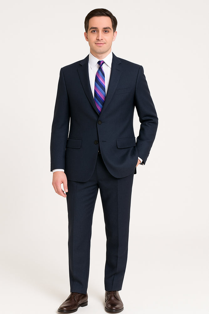 Men's Dark Navy Blue Suit For Men Glen Plaid 2 Button Wool Classic Fit Suit Flat Front Pants