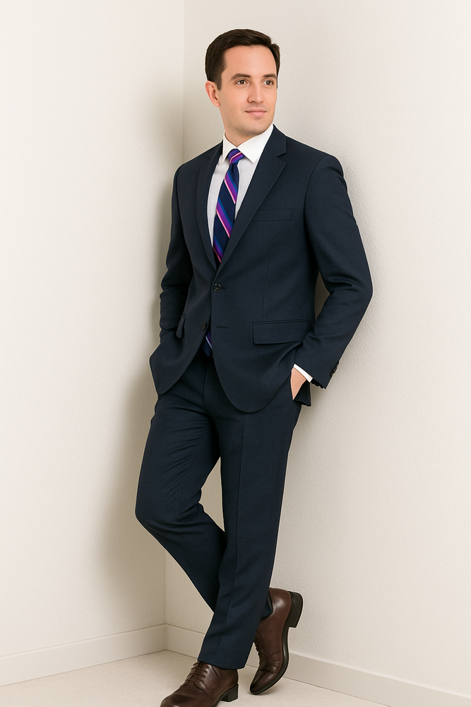 Men's Dark Navy Blue Suit For Men Glen Plaid 2 Button Wool Classic Fit Suit Flat Front Pants