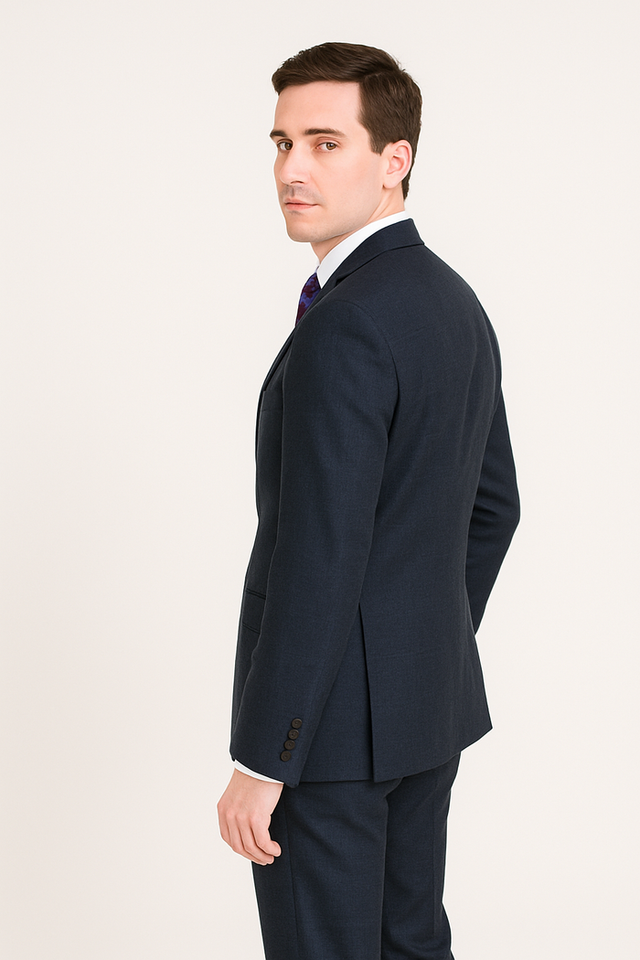 Men's Dark Navy Blue Suit For Men Glen Plaid 2 Button Wool Classic Fit Suit Flat Front Pants