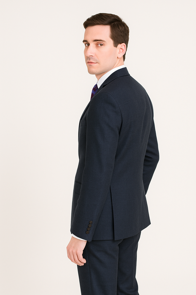 Men's Dark Navy Blue Suit For Men Glen Plaid 2 Button Wool Classic Fit Suit Flat Front Pants