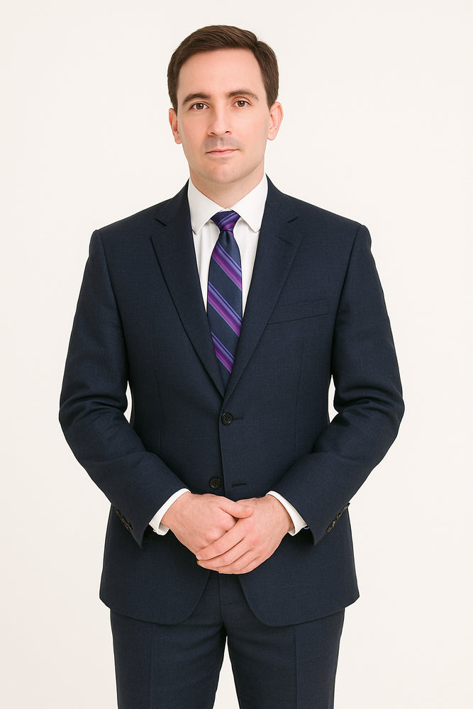 Men's Dark Navy Blue Suit For Men Glen Plaid 2 Button Wool Classic Fit Suit Flat Front Pants
